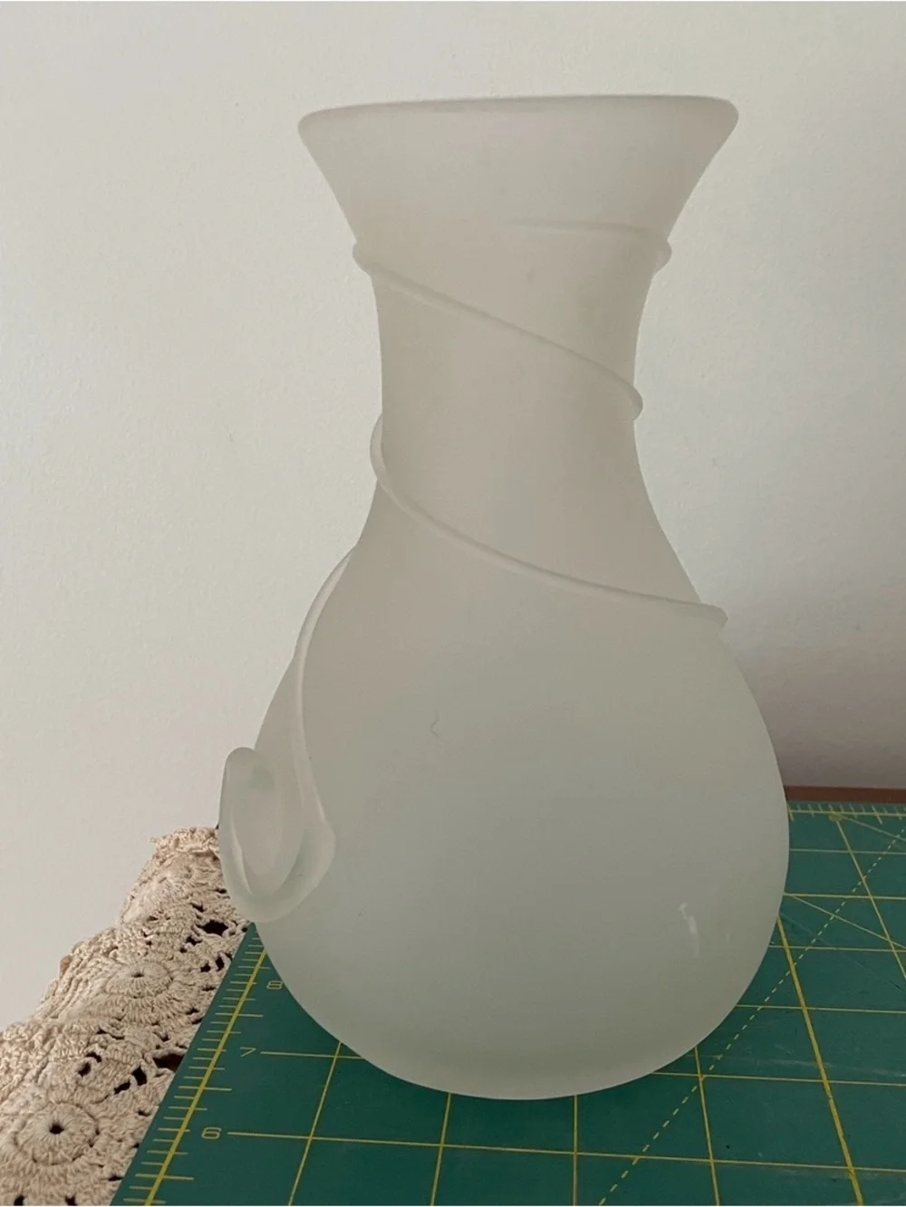 Frosted White Glass Vase with Swirl Accent